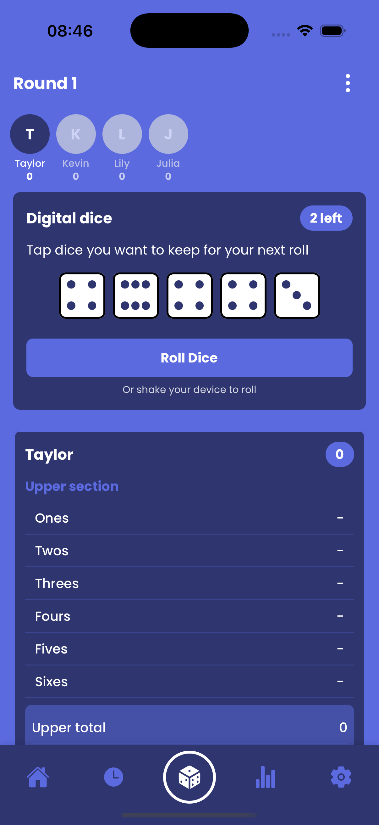 Dicey Combos game screen showing Yahtzee scorecard with digital dice and scoring suggestions