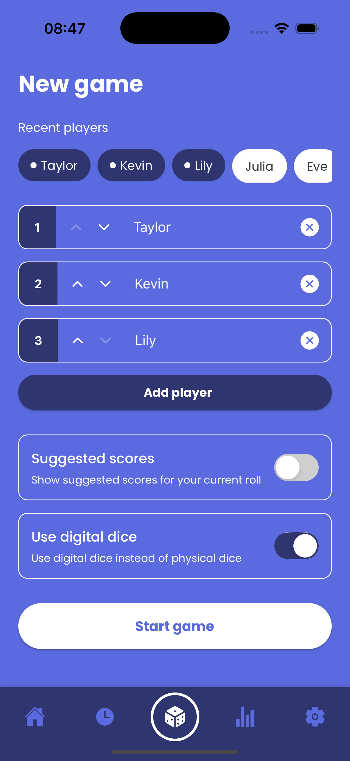 Dicey Combos multiplayer setup screen showing options to add multiple players for group Yahtzee games